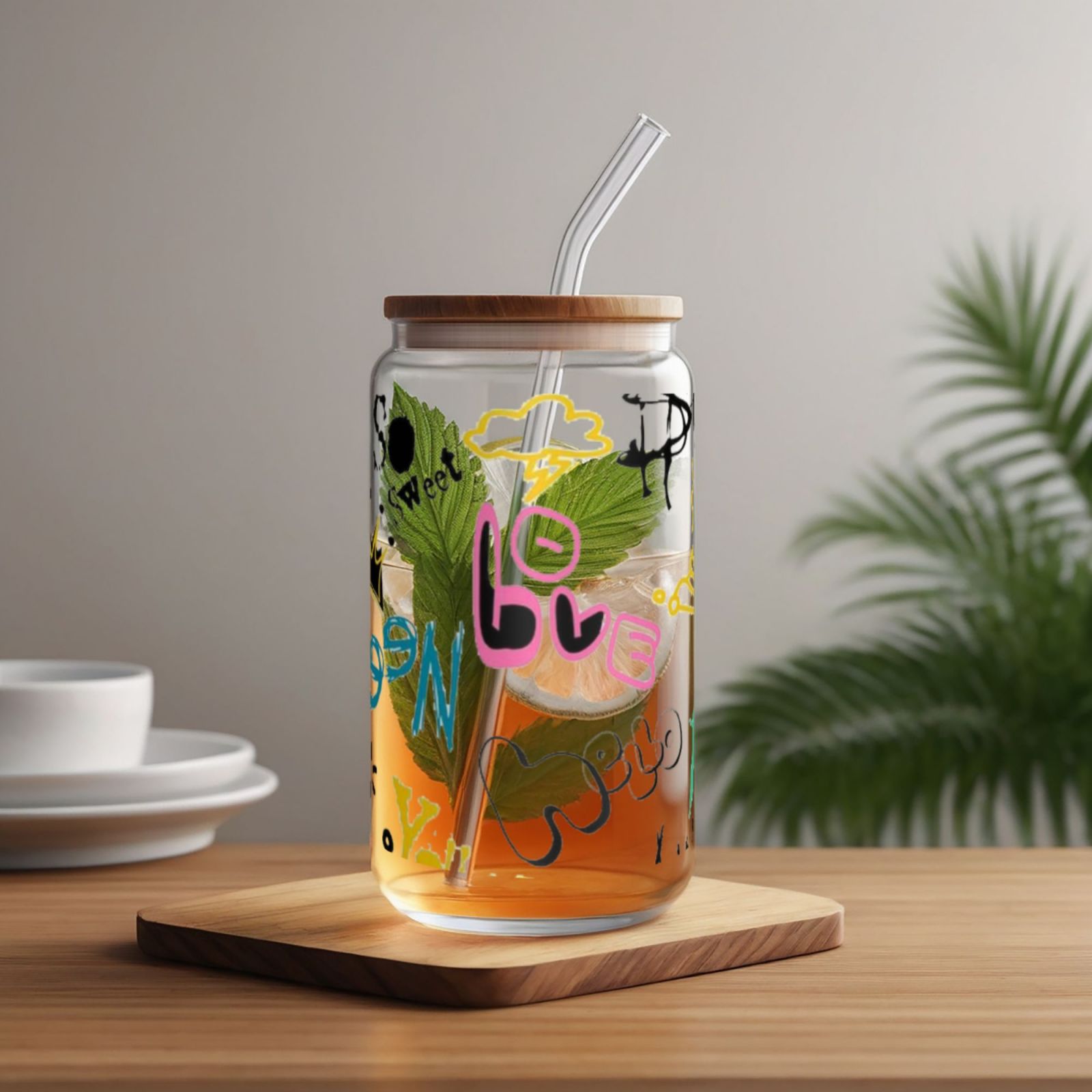 16OZ bamboo lid straw glass