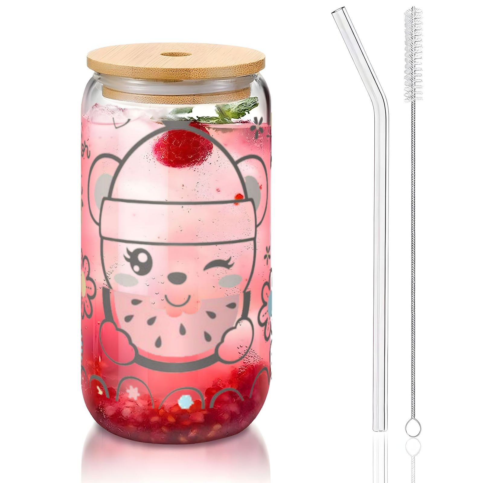 16OZ bamboo lid straw glass