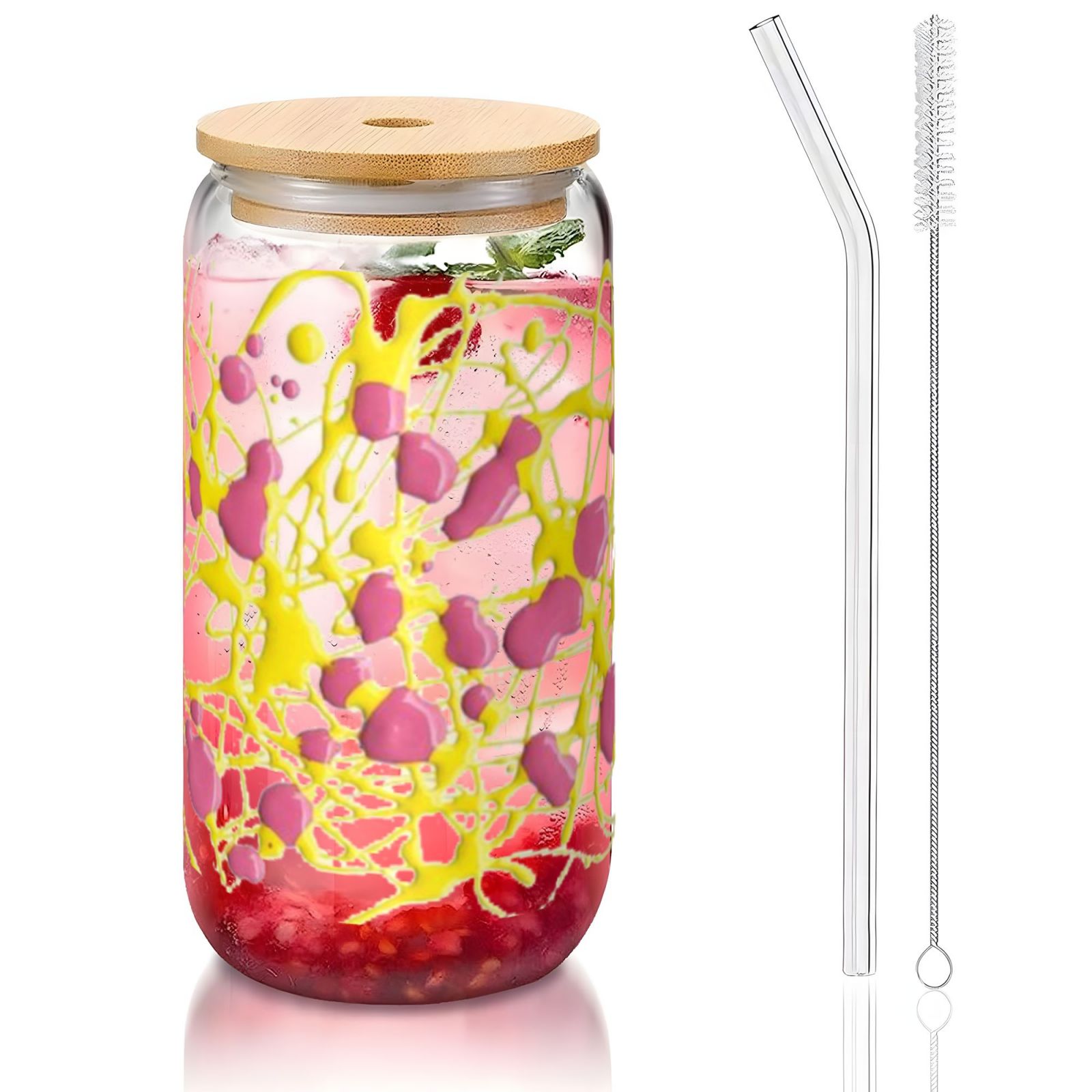 16OZ bamboo lid straw glass