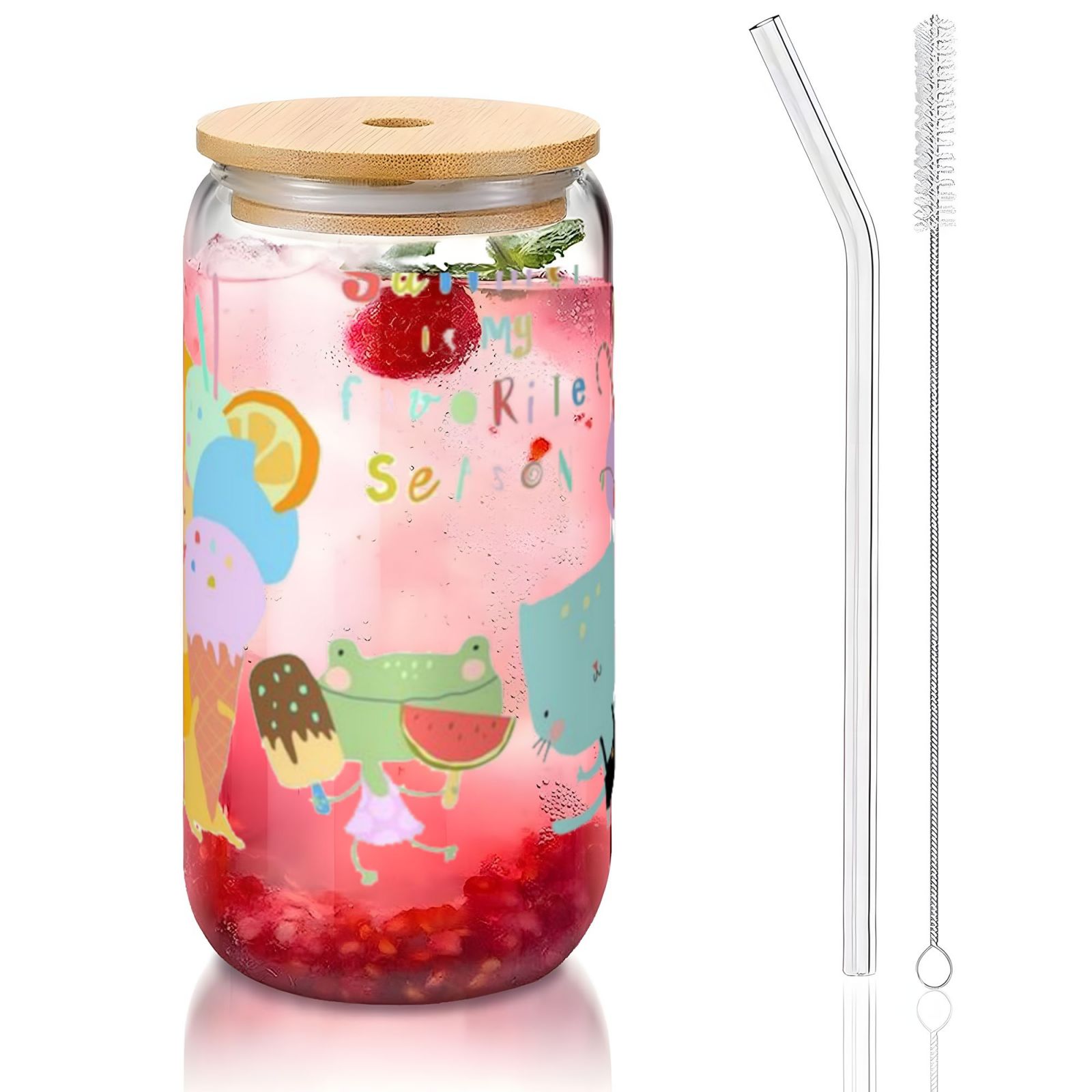 16OZ bamboo lid straw glass