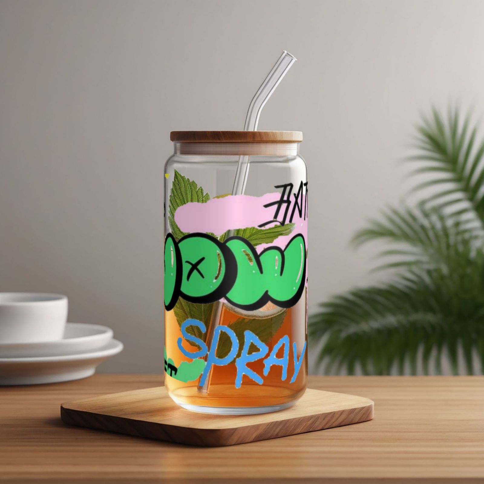 16OZ bamboo lid straw glass