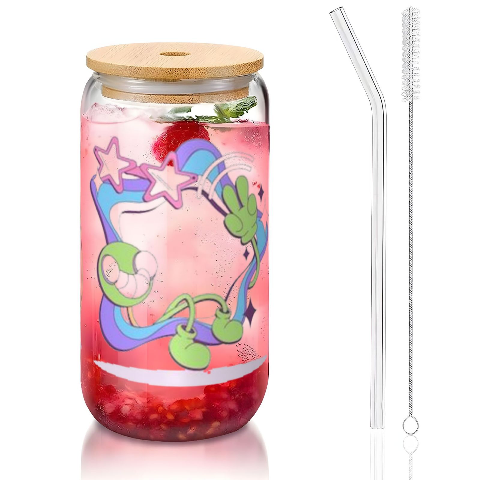 16OZ bamboo lid straw glass