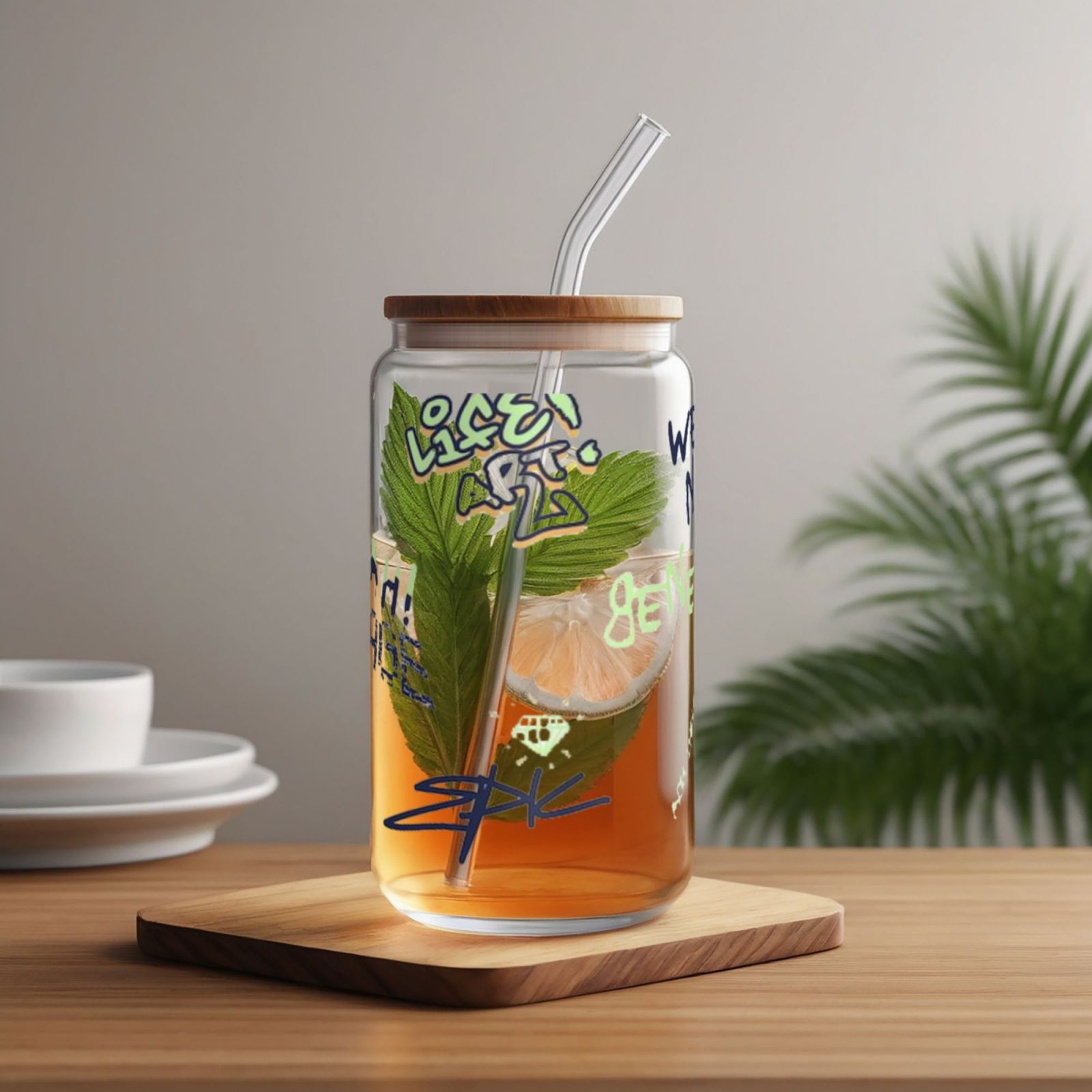 16OZ bamboo lid straw glass