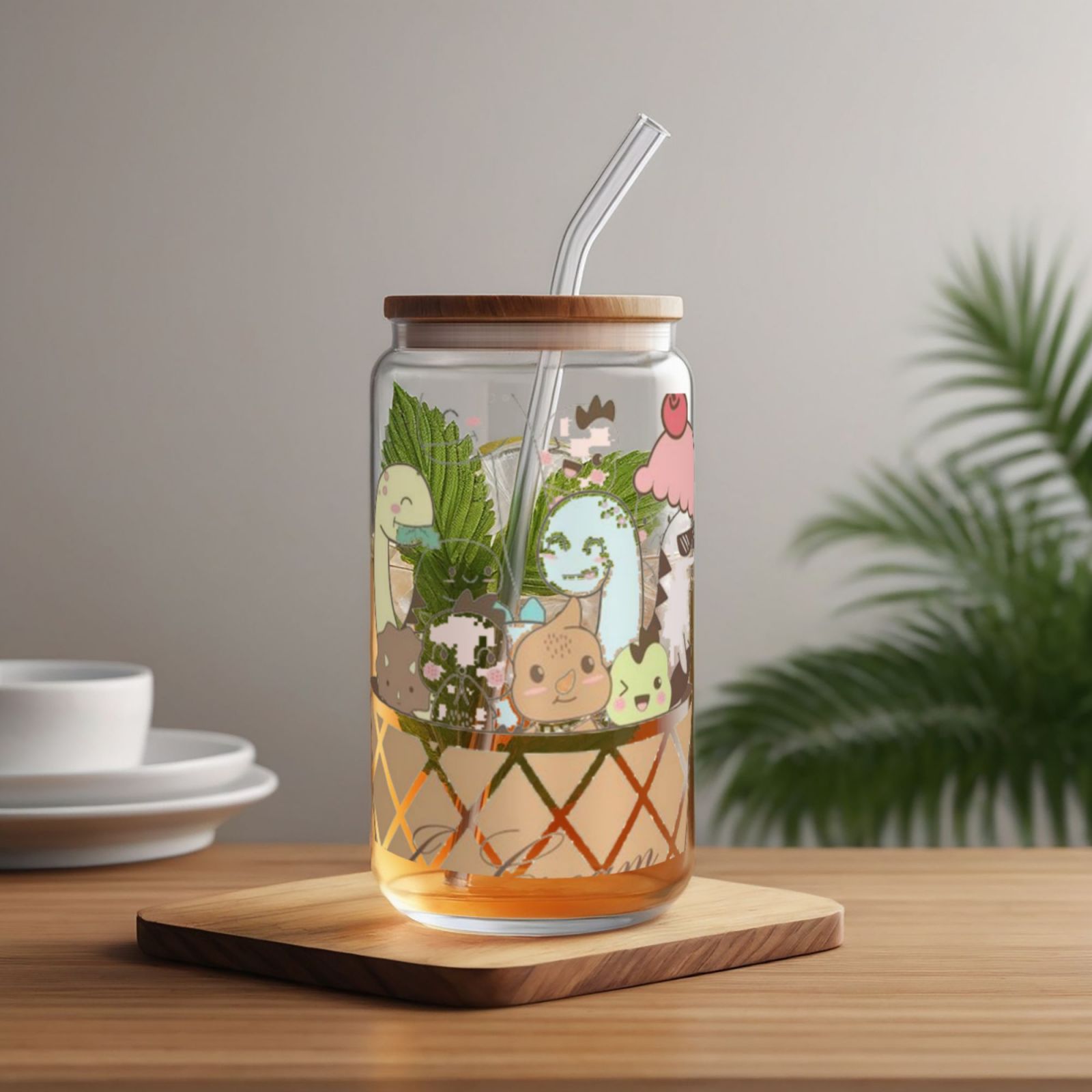 16OZ bamboo lid straw glass