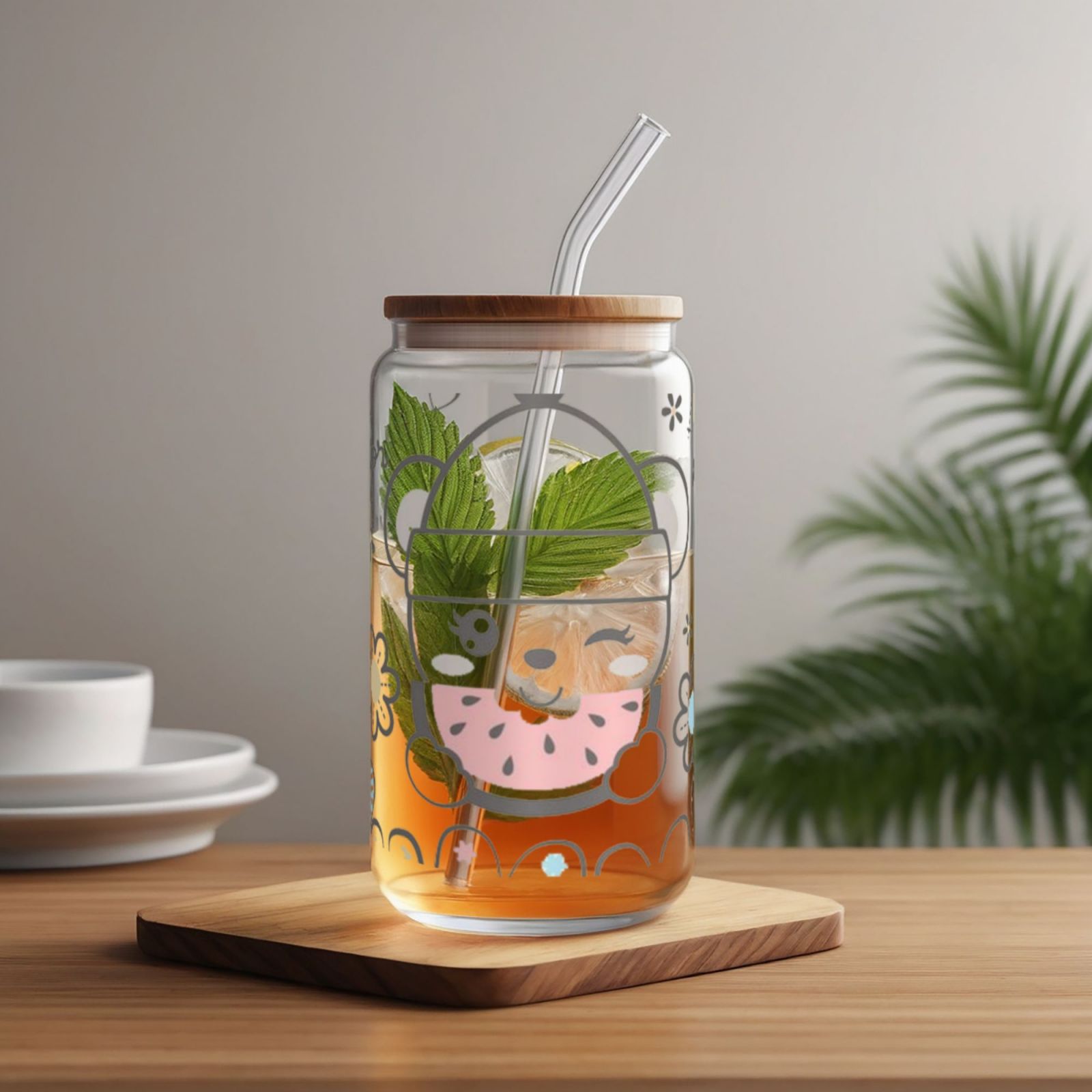16OZ bamboo lid straw glass