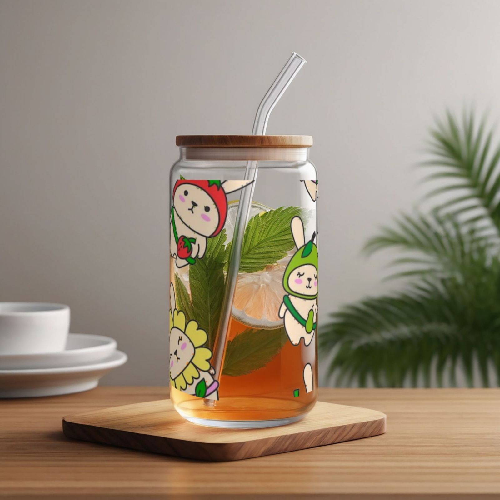 16OZ bamboo lid straw glass