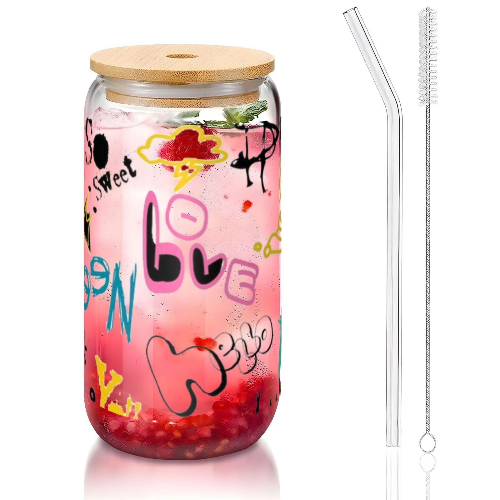 16OZ bamboo lid straw glass