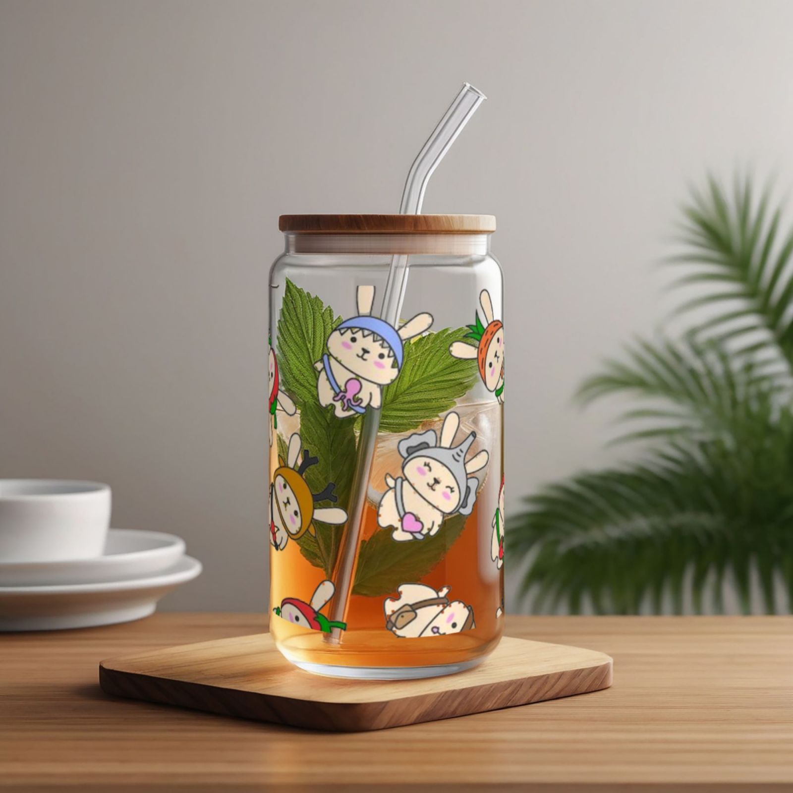 16OZ bamboo lid straw glass
