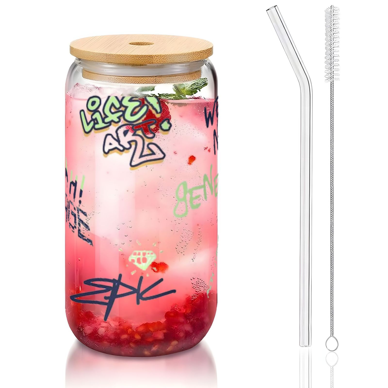 16OZ bamboo lid straw glass