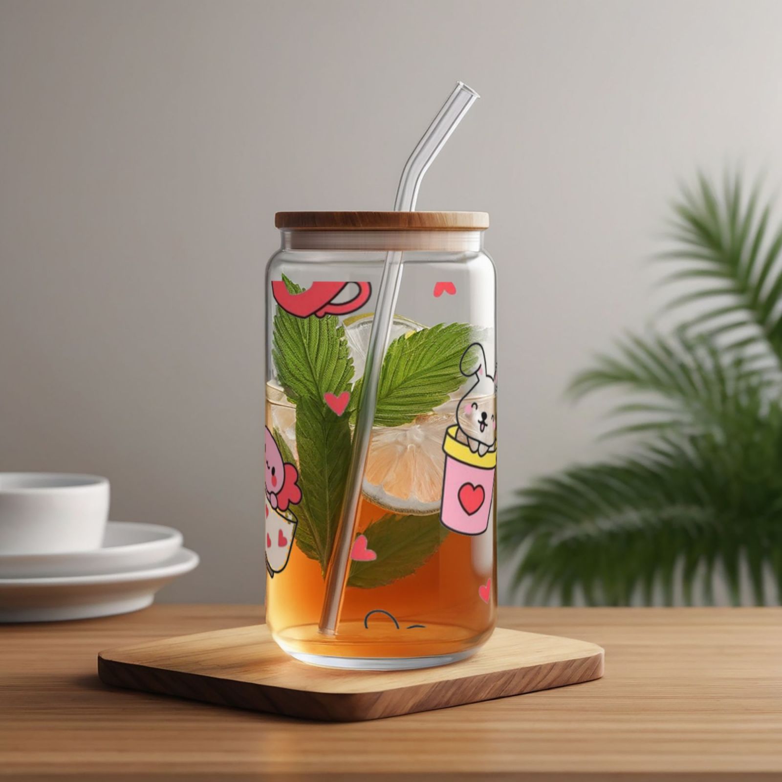 16OZ bamboo lid straw glass
