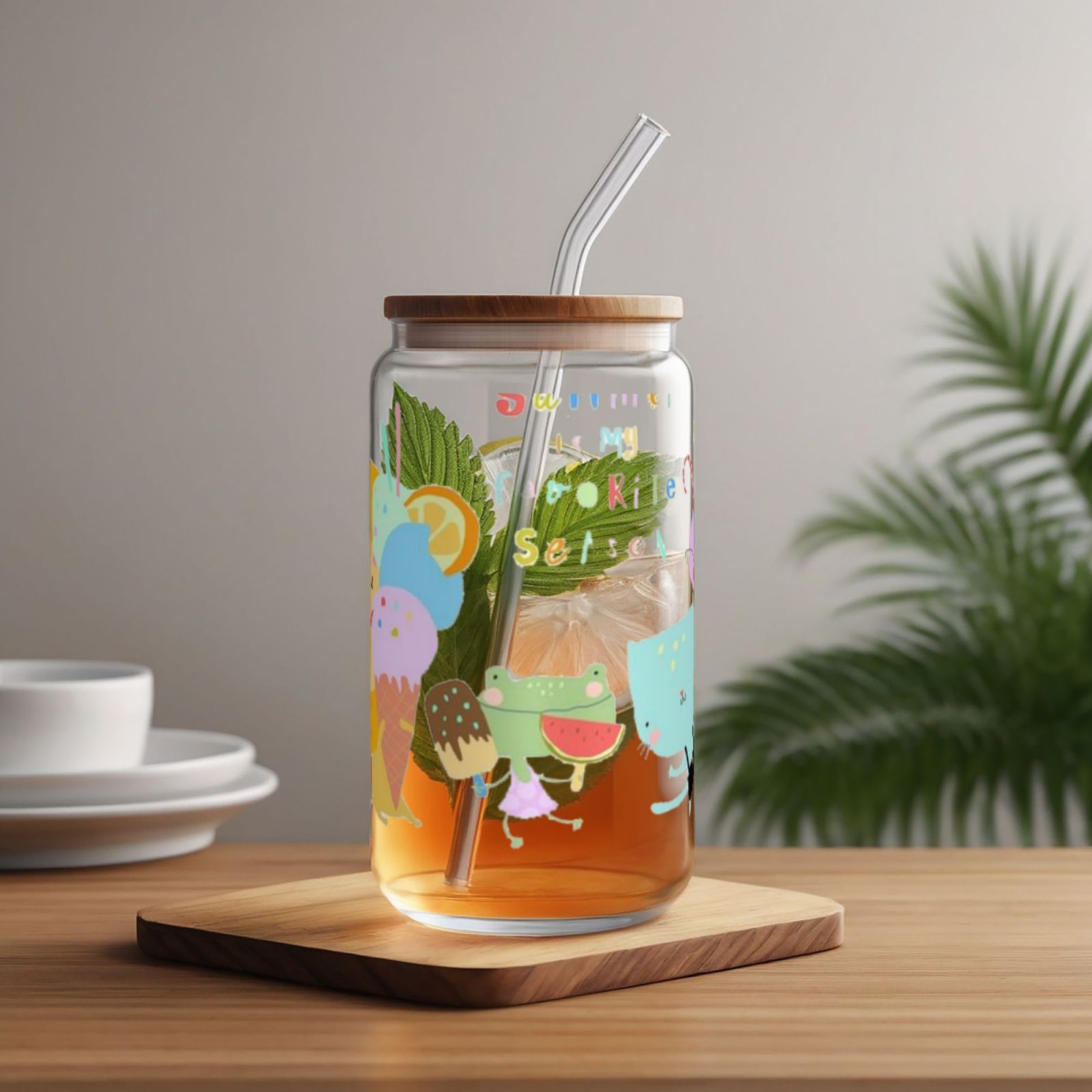 16OZ bamboo lid straw glass