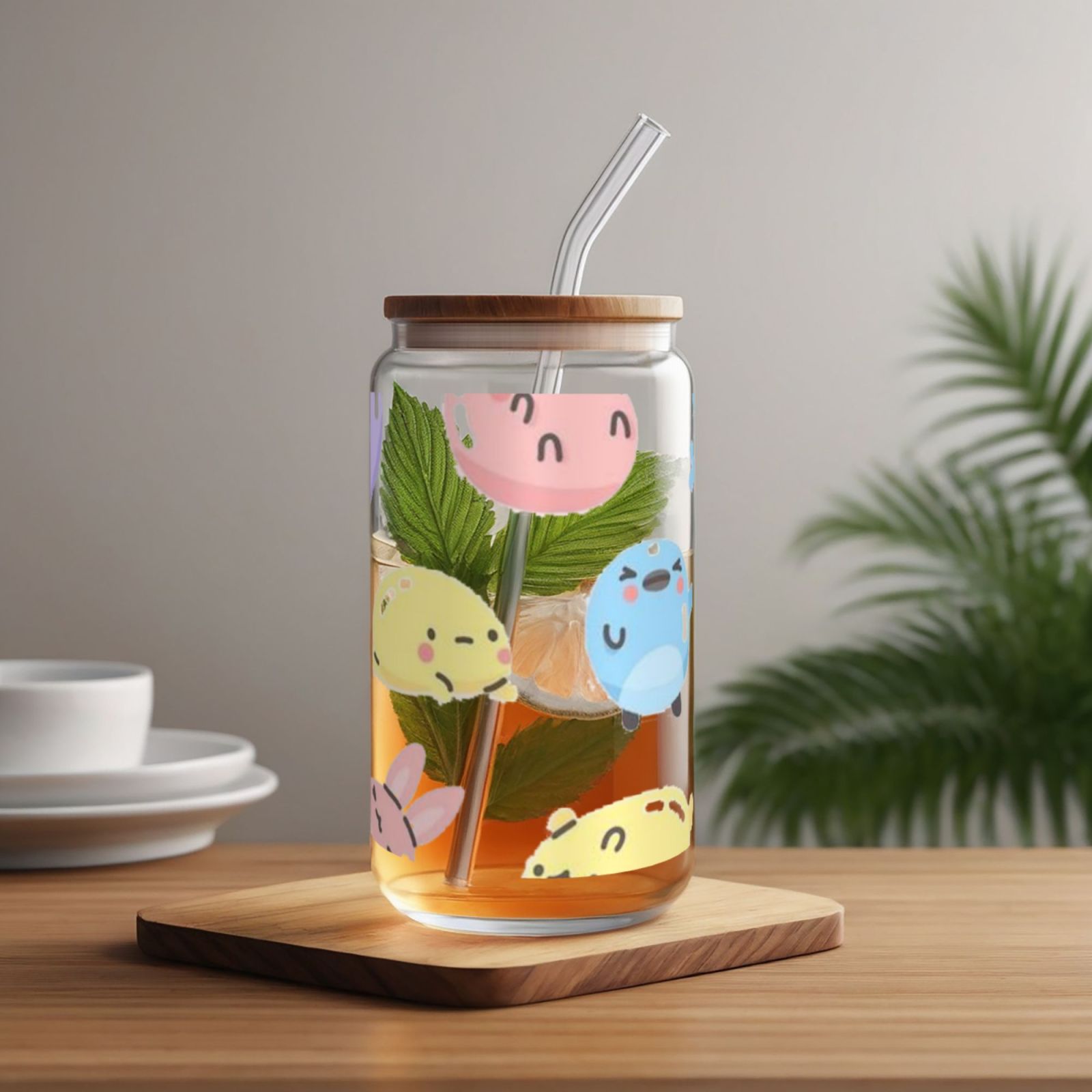 16OZ bamboo lid straw glass