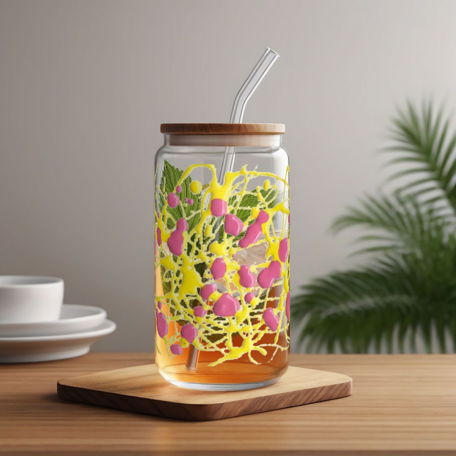 16OZ bamboo lid straw glass