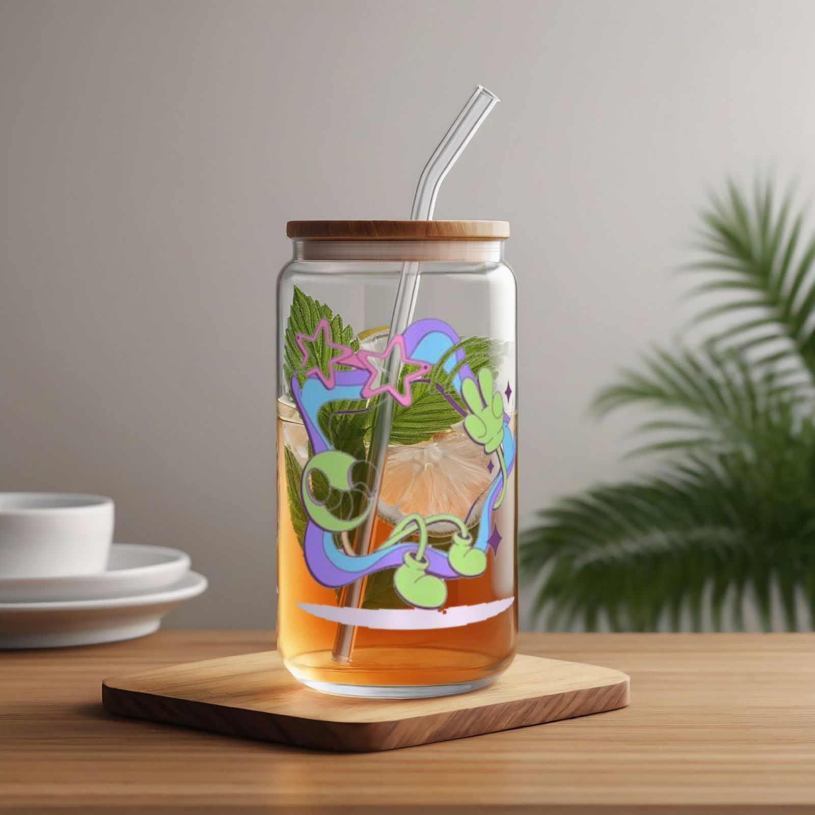 16OZ bamboo lid straw glass