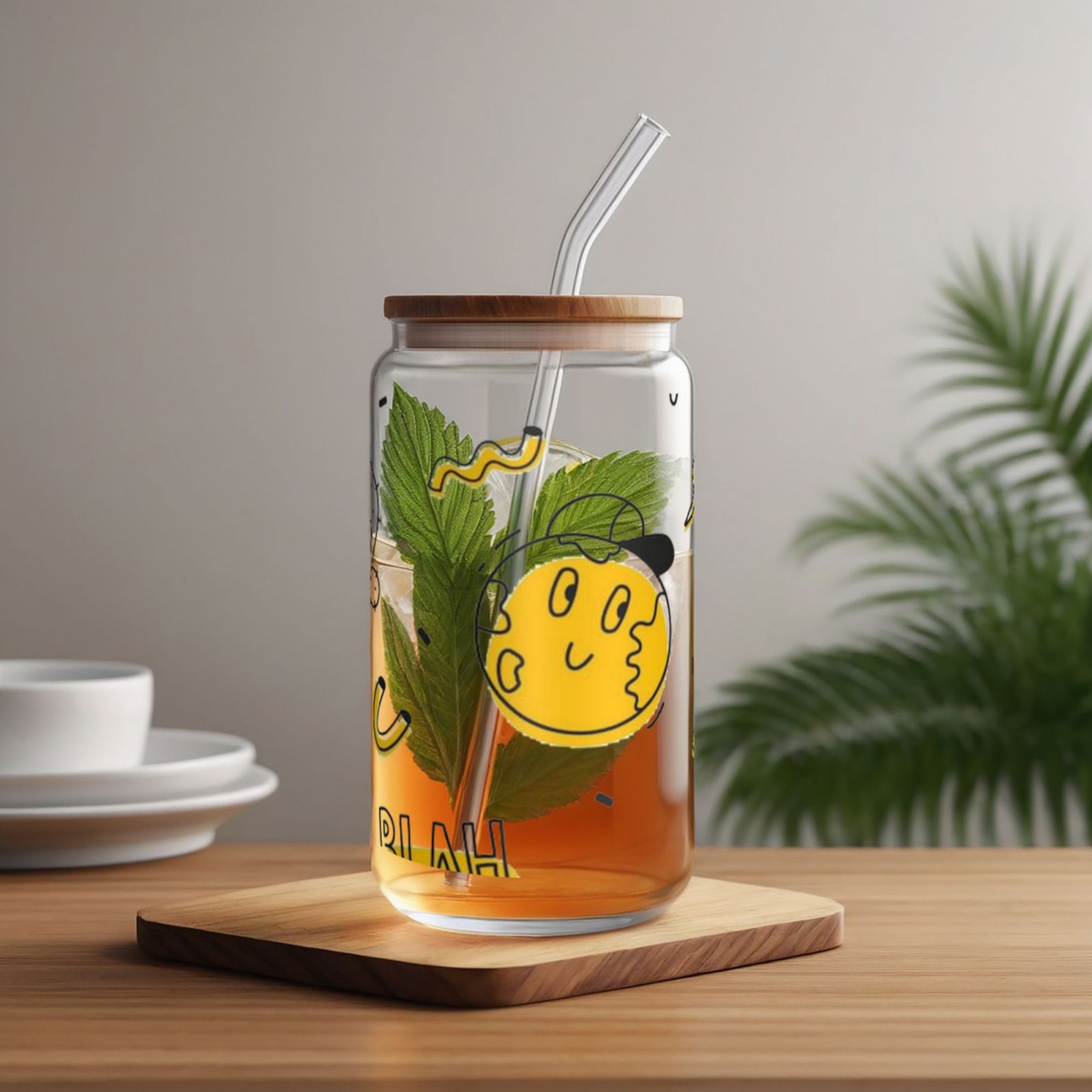 16OZ bamboo lid straw glass